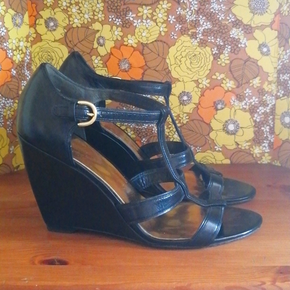 COACH Black Leather wedge heels open SANDALS 8 B